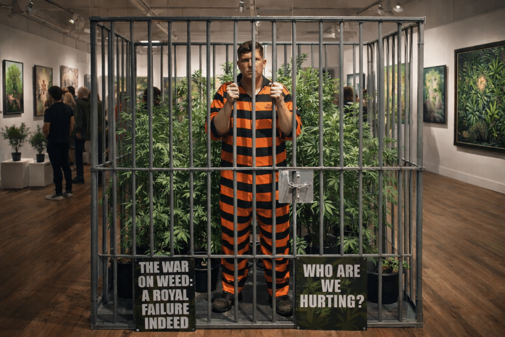 From Sydney stunts to gallery walls: activist pair bring cannabis prohibition's human toll to art show
