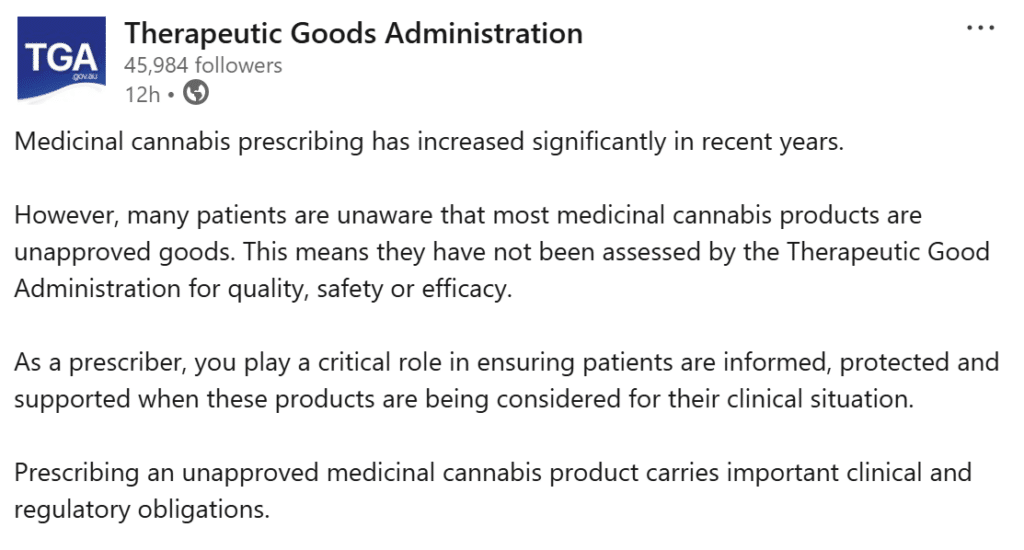 TGA launches awareness push over unapproved status of medicinal cannabis products